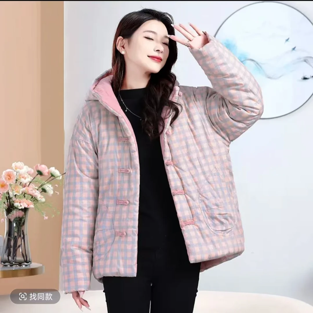 新中式盘扣连帽棉花棉衣女冬装棉服袄子复古文艺碎花棉袄外套