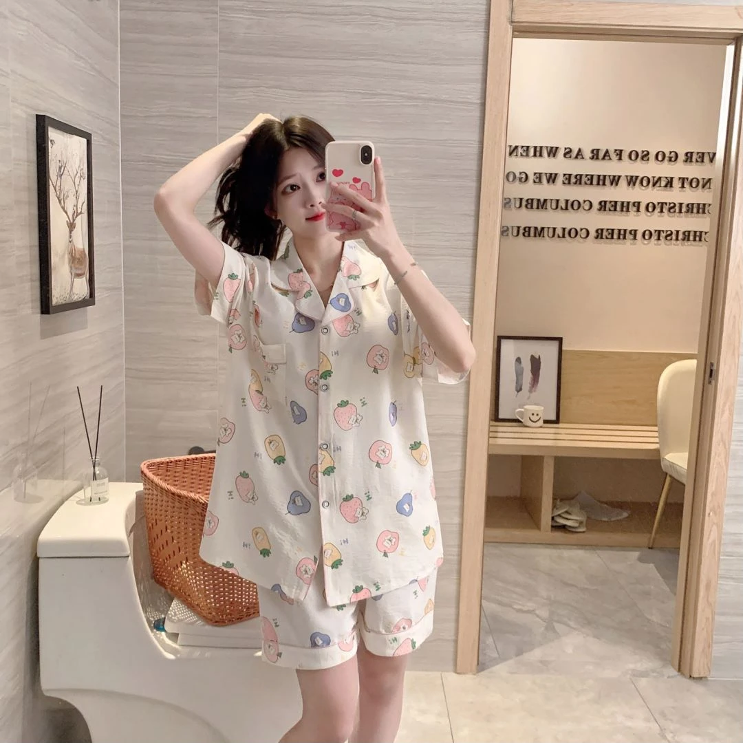 【水果合集】2024款云朵棉夏季短袖两件套可爱卡通少女睡衣胸垫套装