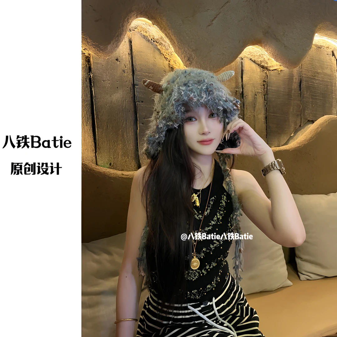 原创森系小麋鹿帽子秋冬时尚单品ol迷彩亲子百搭印花重工设计感