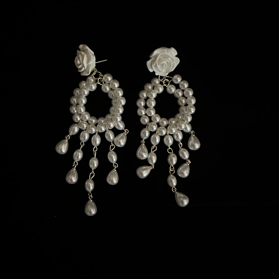 铜合金仿珍珠耳饰 C03【珠帘】气质白色时尚复古古风法式长款民族风