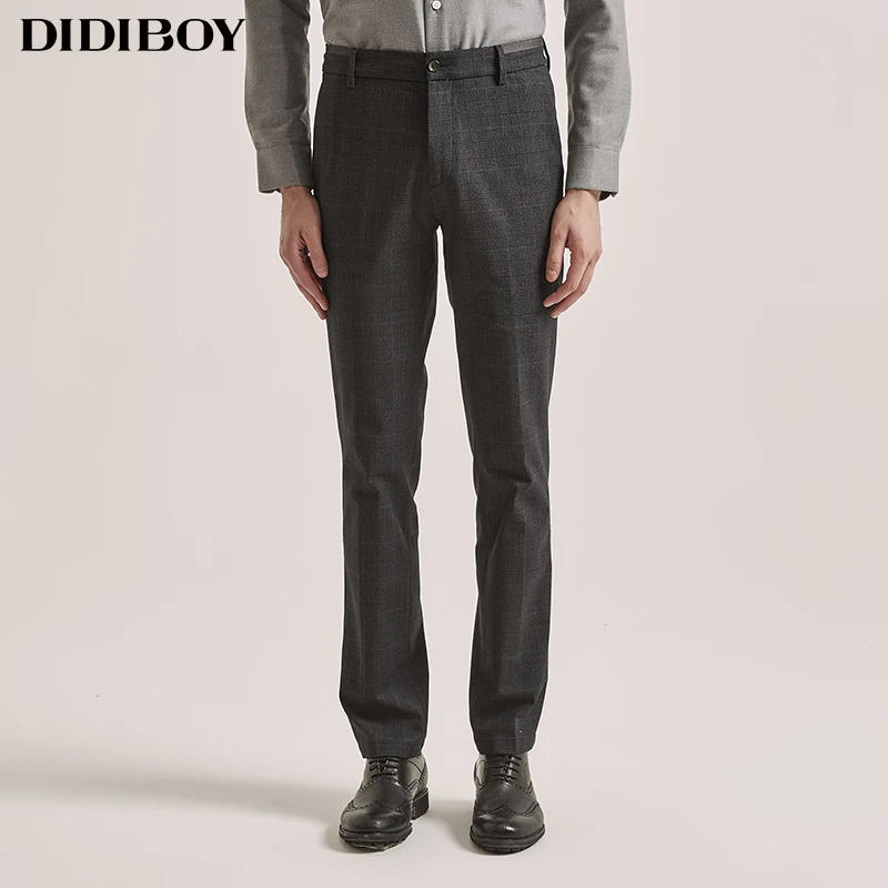 DIDIBOY/迪迪博迩春秋男士灰色格子直筒修身商务裤子男