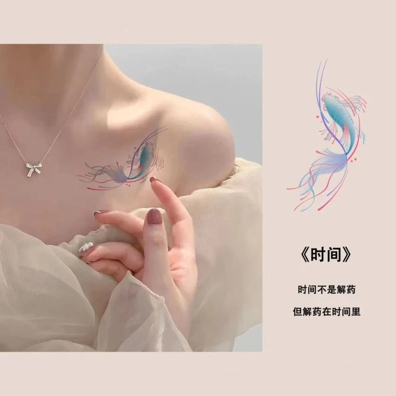 鲤鱼锦鲤纹身贴纸女蓝色唯美锁骨手腕显白学生小清新防水防汗文身