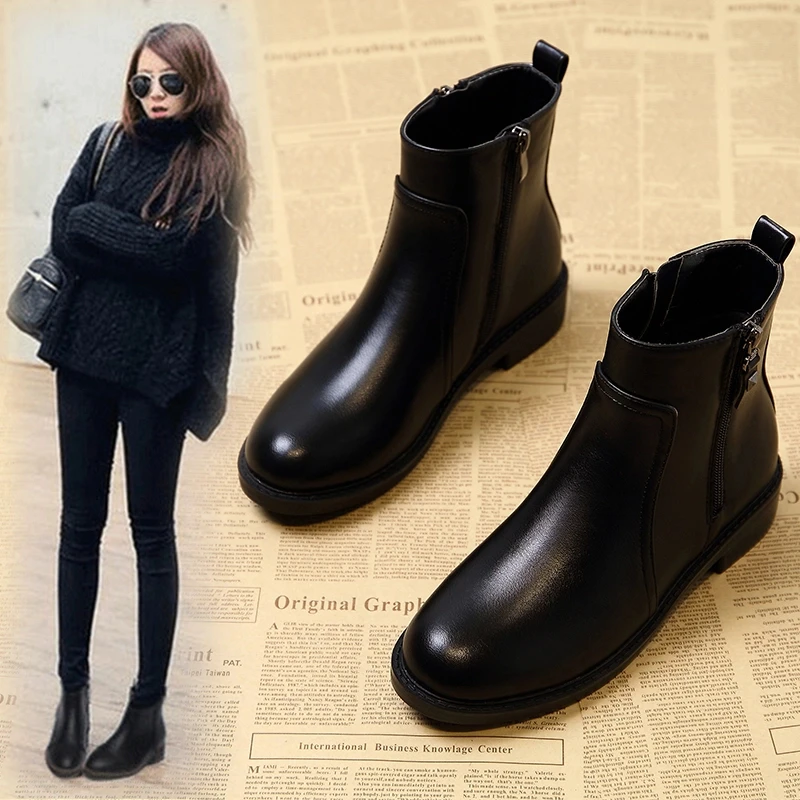 低跟短靴34-43码韩版新款平底圆头时尚百搭防水台软皮加绒短靴女