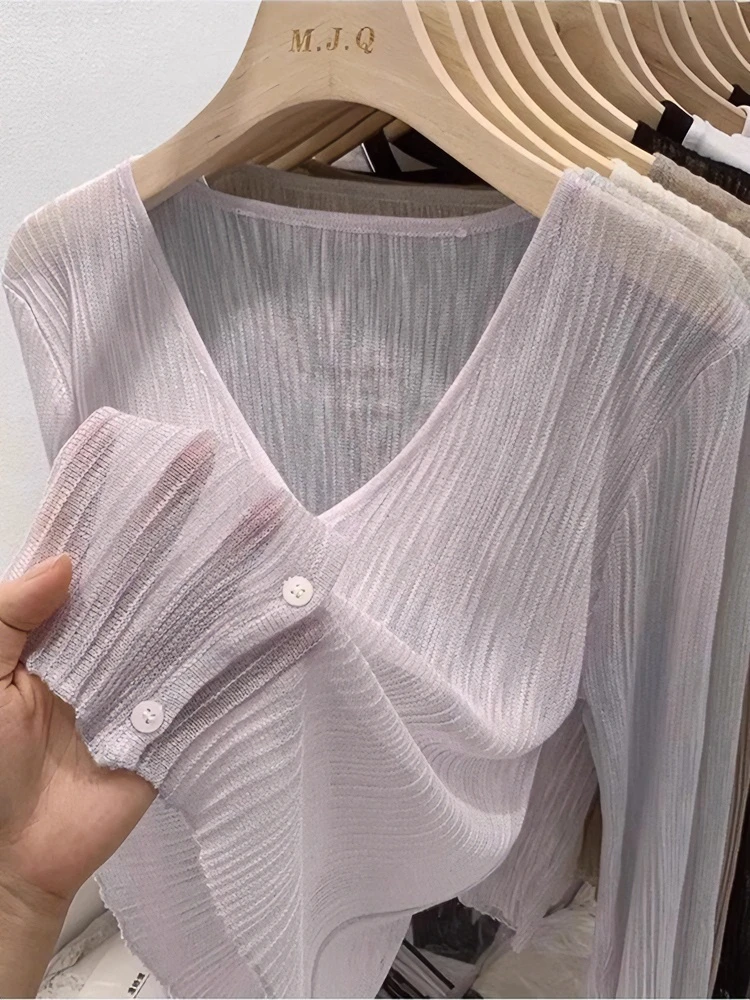 外搭薄款天丝配吊带裙V领空调罩衫女夏季微透防晒针织开衫小披肩