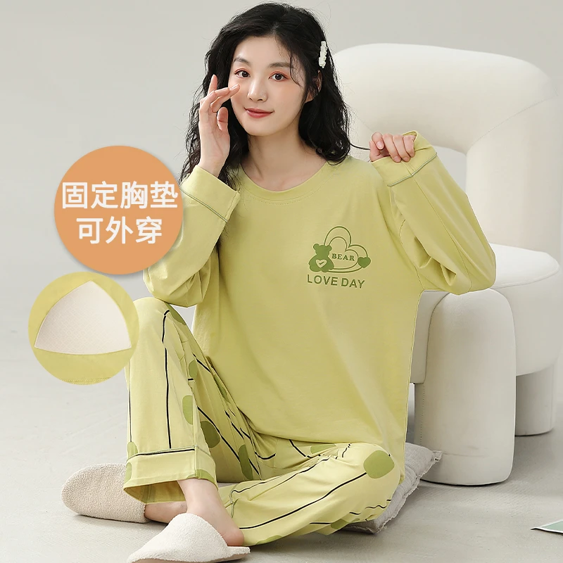 带胸垫女款睡衣纯棉套头长袖长裤套装春秋季新款全棉卡通宽松大码