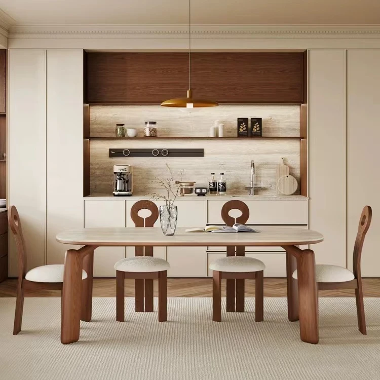 大象腿中古风洞石岩板实木餐桌家用小户型轻奢简约长方形吃饭餐桌