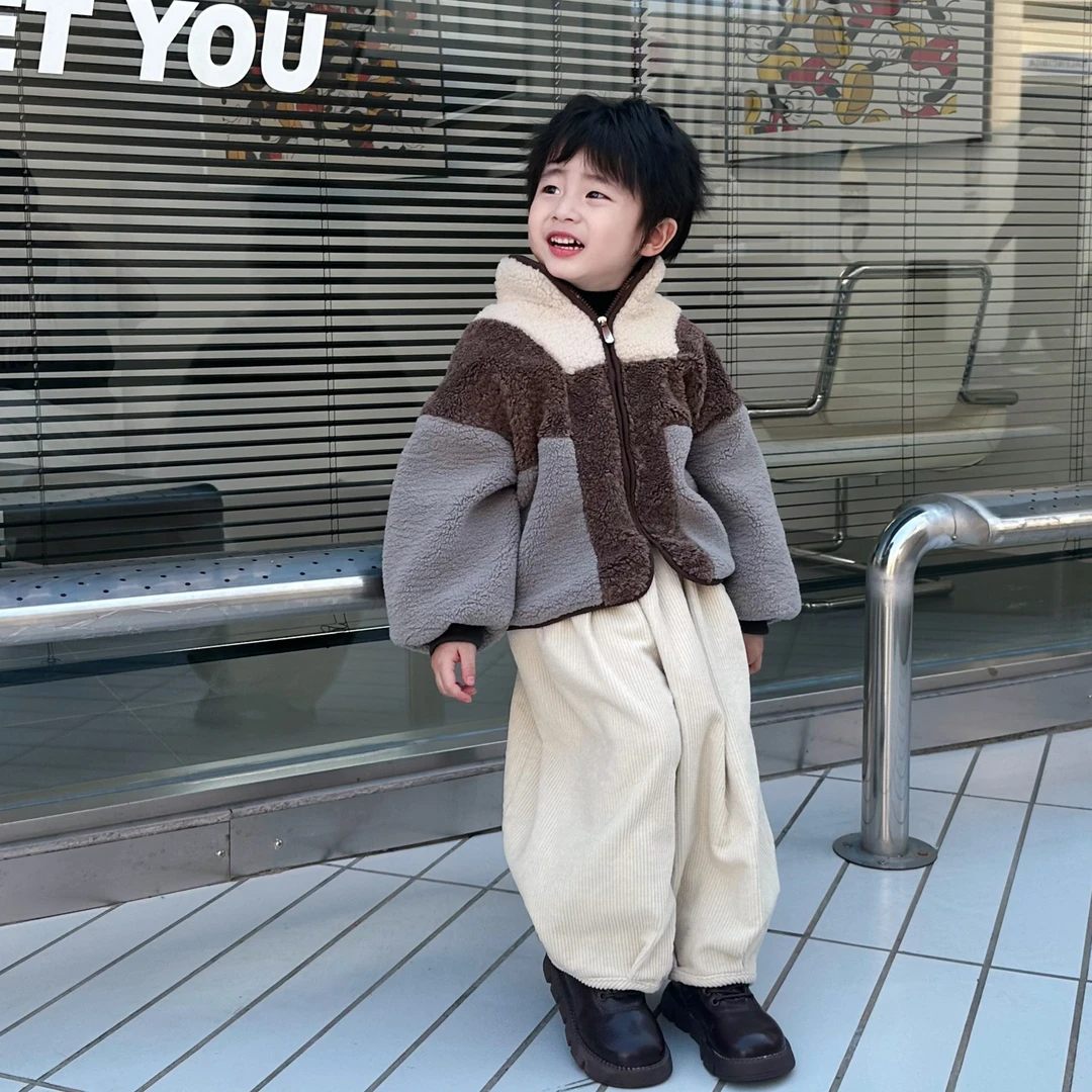【冬季新品】韩系三原色拼色羔羔毛毛绒外套加厚中高领防风男童套装