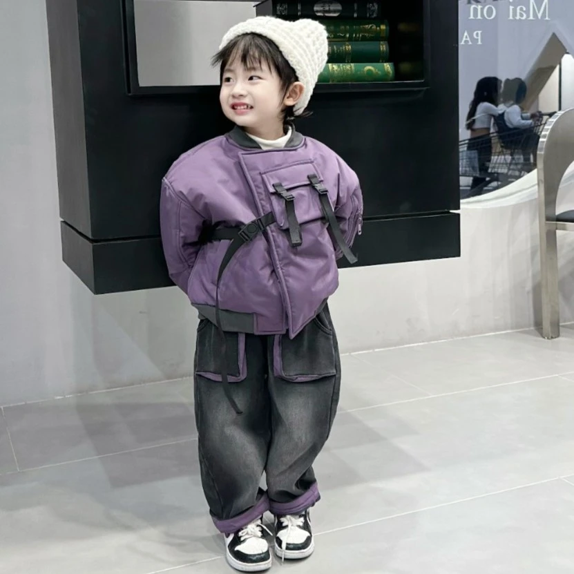 【冬季新品】超显白乌梅紫酱厚实棉服夹克立体口袋高弹牛仔裤套装
