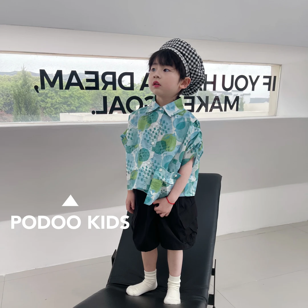 【高级蓝绿褶皱油画衬衫套装】谁打翻了夏日调色盘儿童满印夏季套装