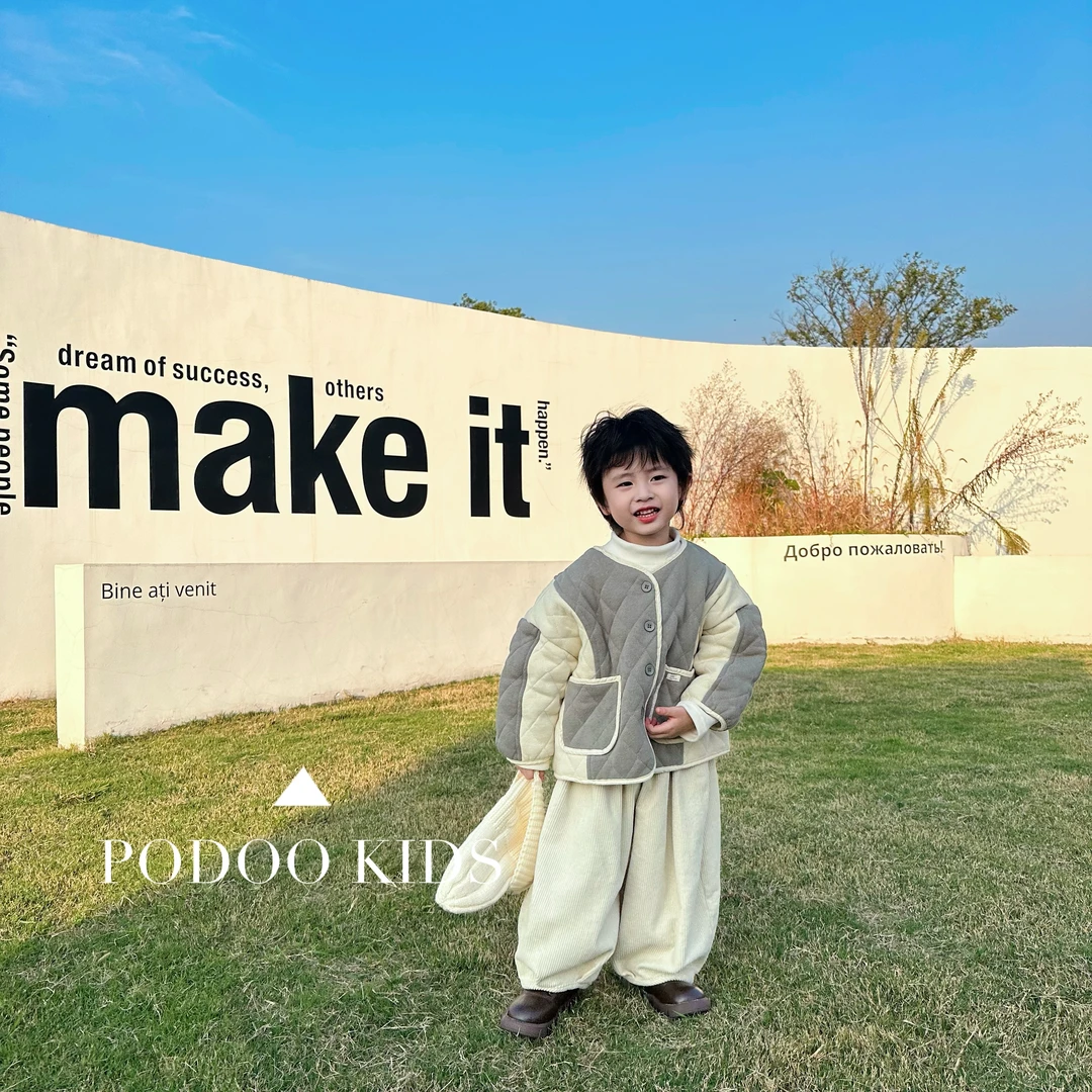 【冬季新品】治愈系干净灰白撞色加厚手工棉服套装儿童童装冬款高级