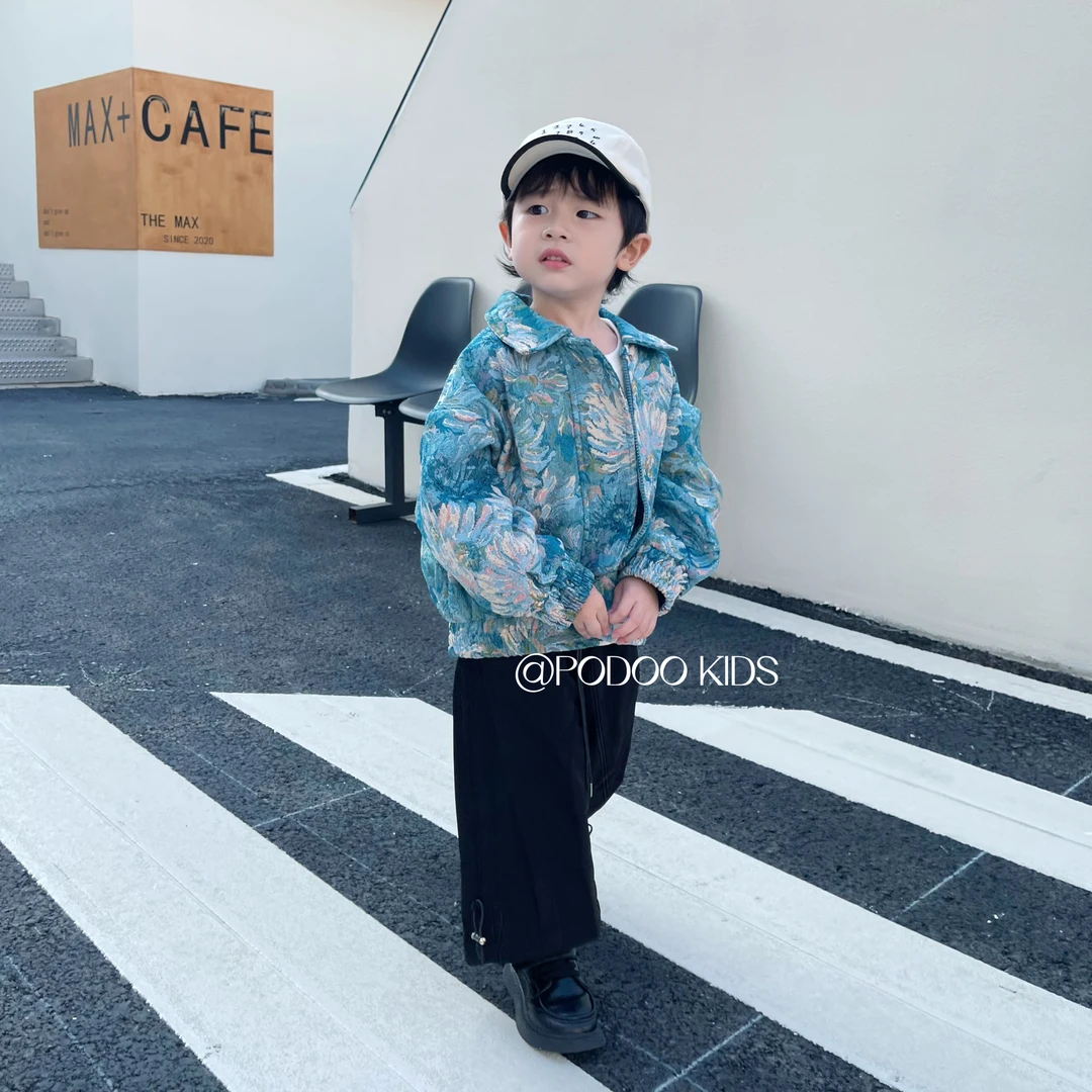 【秋季新品】男童重工印花满印翻领夹克外套韩版蓝色印花套装秋款