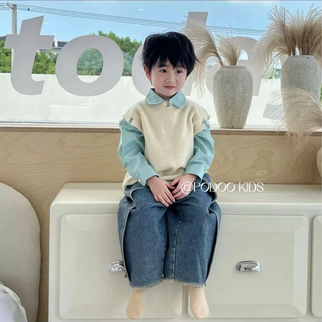 韩版洋气小童儿童马甲套头毛衣背心衬衫牛仔裤三件套秋冬新款百搭