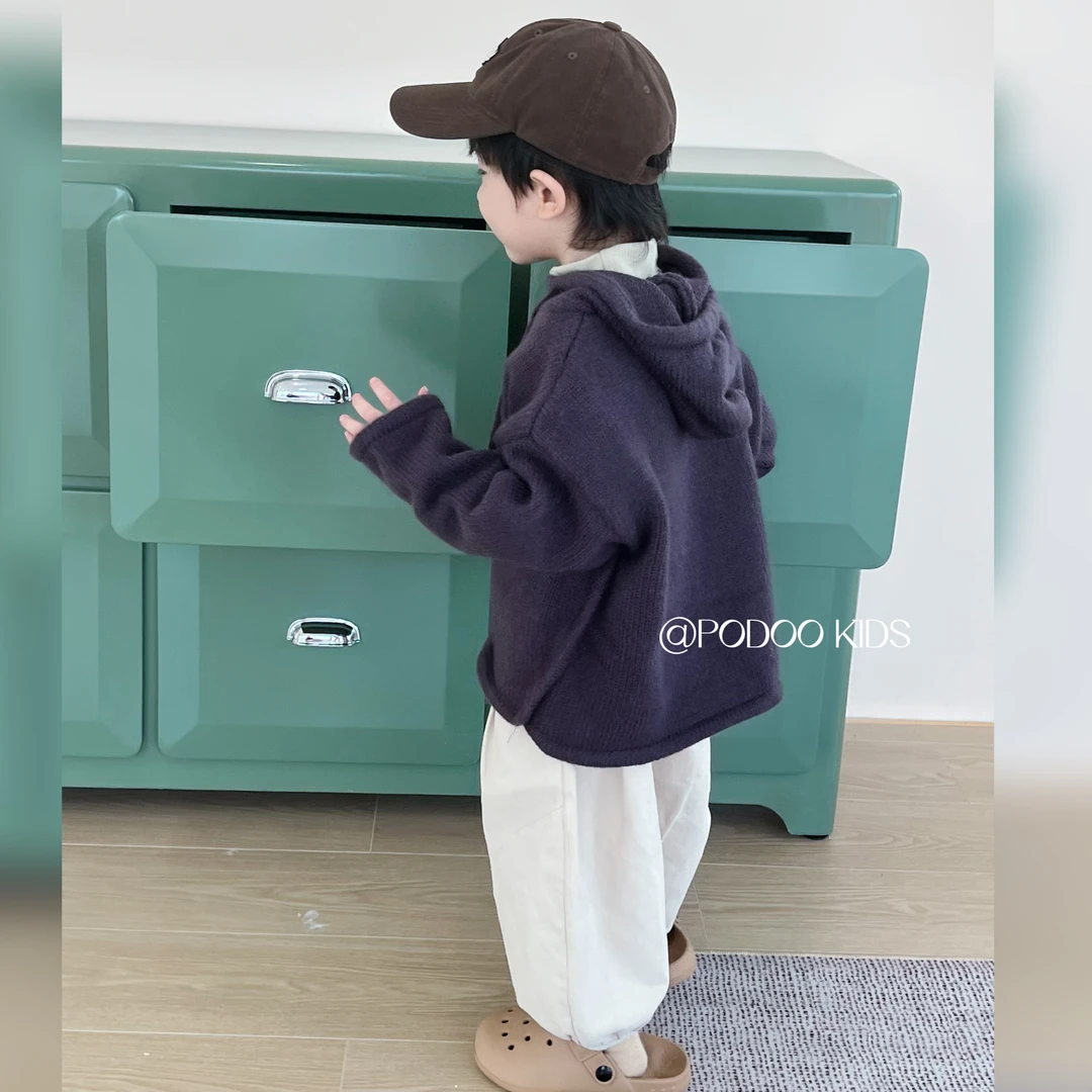 【秋款新品】连帽韩版毛衣男童烟紫套头带帽毛衣套装韩版休闲裤秋冬