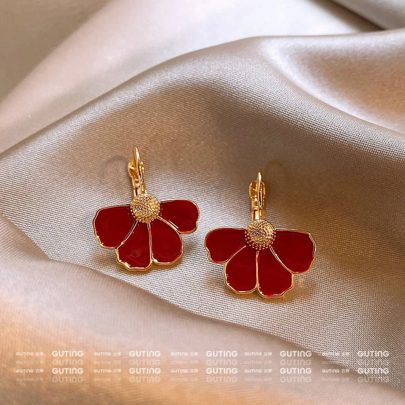 铜合金耳饰 18468安哥拉红色耳环女秋冬红色耳饰纯手工花朵耳扣