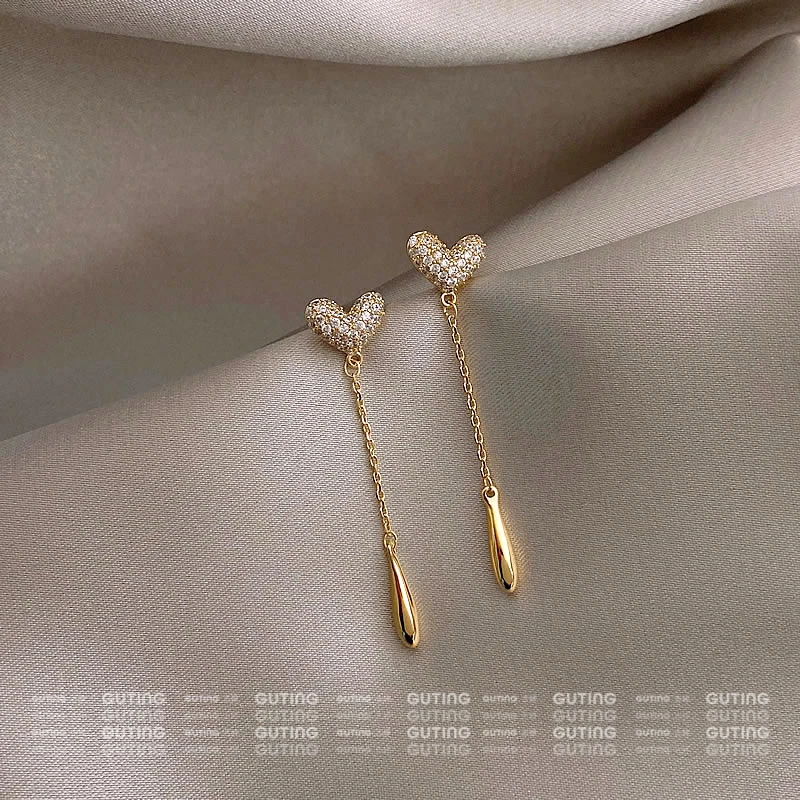 铜合金合成锆石耳饰 11797超仙心形水滴气质耳环镶钻爱心长款耳坠