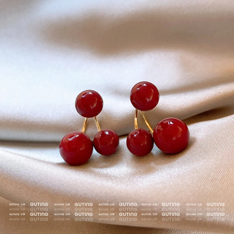 铜合金耳饰 18561（两戴）安哥拉红色耳环女法式复古耳钉大灯泡耳饰