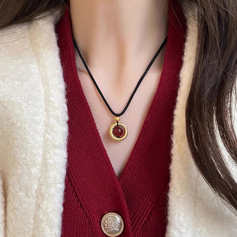 非金属布艺项链 4847平安扣中式红色项链女中国风秋冬毛衣链颈链