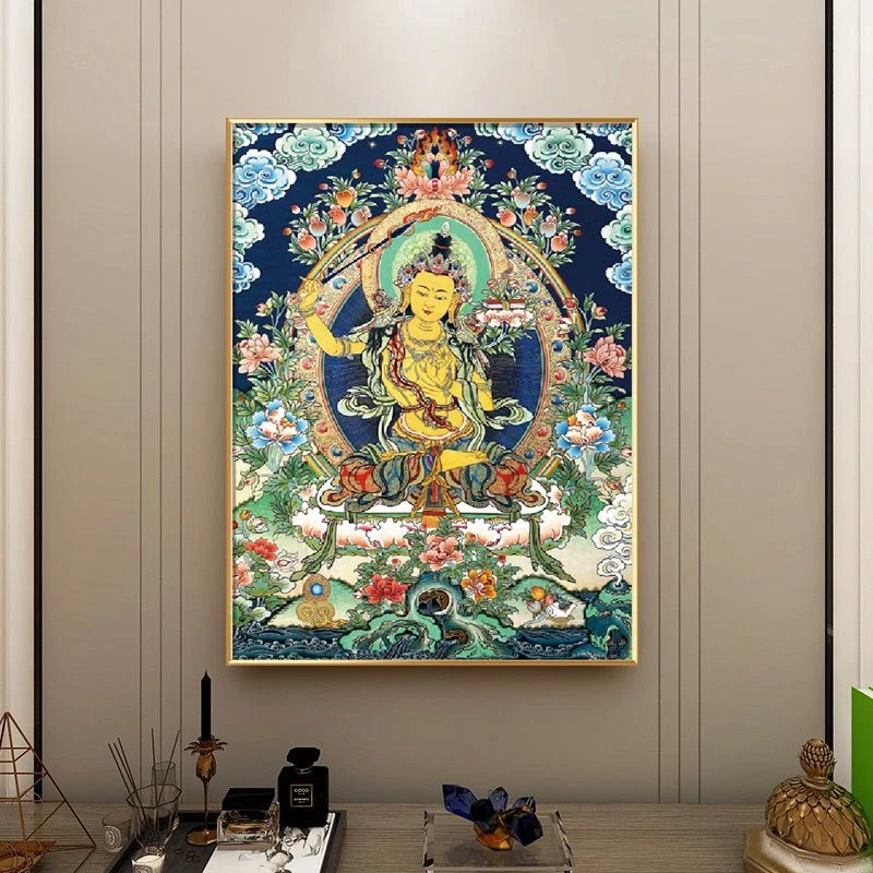 唐卡壁画文殊菩萨像客厅玄关藏式家用佛像挂画中堂装饰画带框复刻