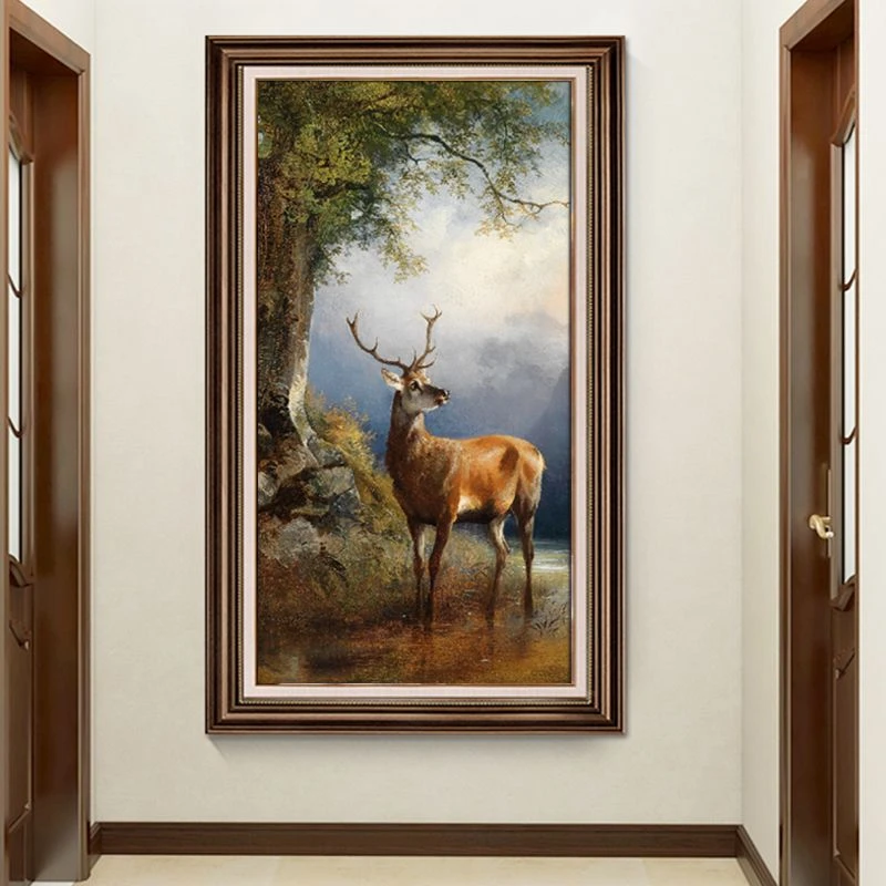 美式玄关装饰画竖版欧式复古挂画走廊背景墙麋鹿油画福禄招财壁画