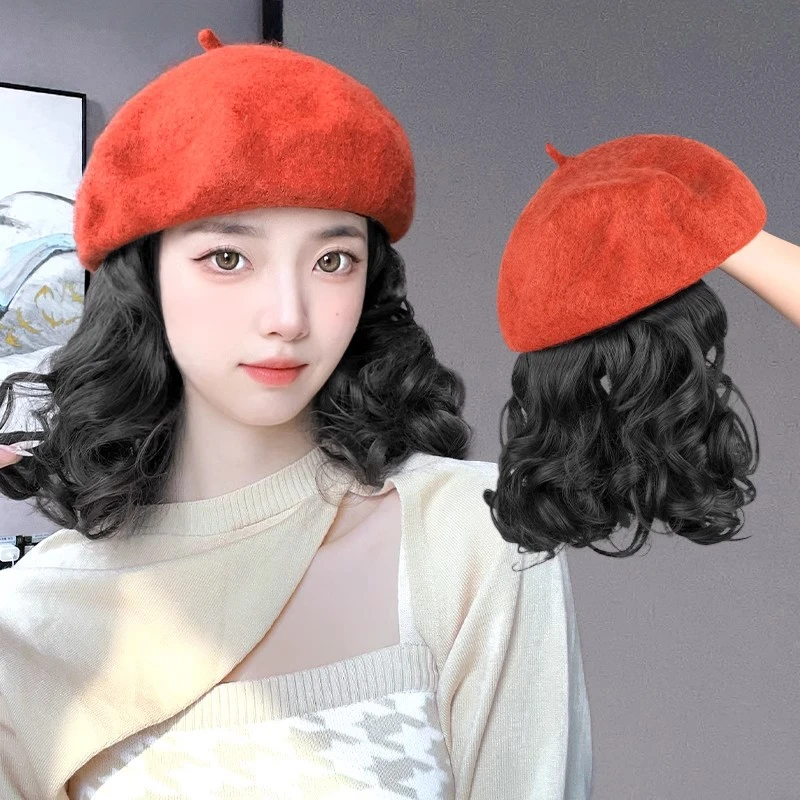帽子假发一体女秋冬季毛呢贝雷帽短卷发网红时尚百搭梨花卷假发帽