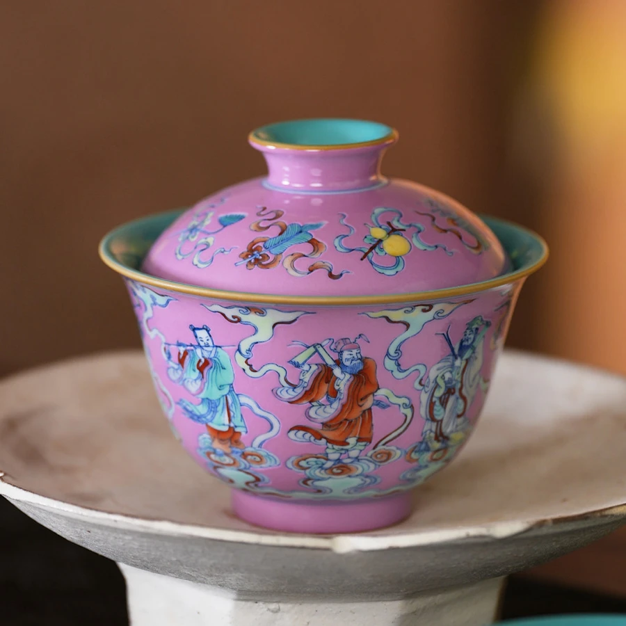 藏真 斗彩紫地八仙图盖碗