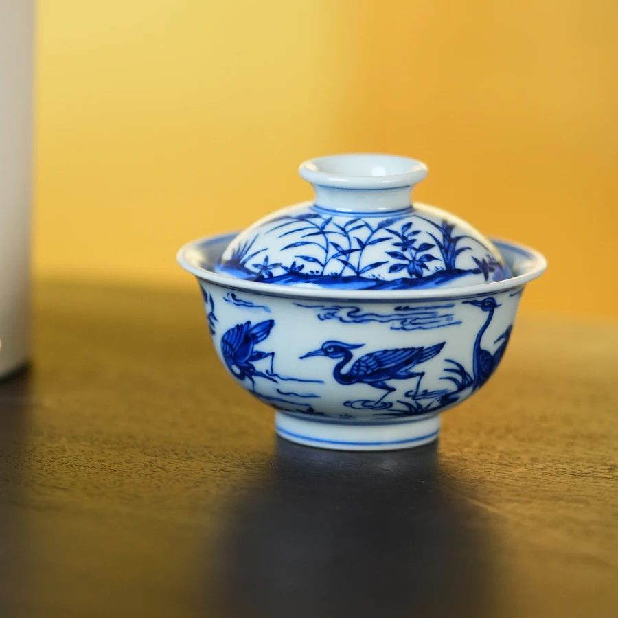 宛玉甲辰珍藏青花白鹭盖碗
