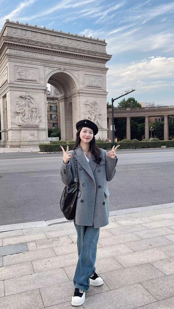 现货【罗马假日】韩版中长款西装双排扣垫肩羊毛双面呢大衣外套女