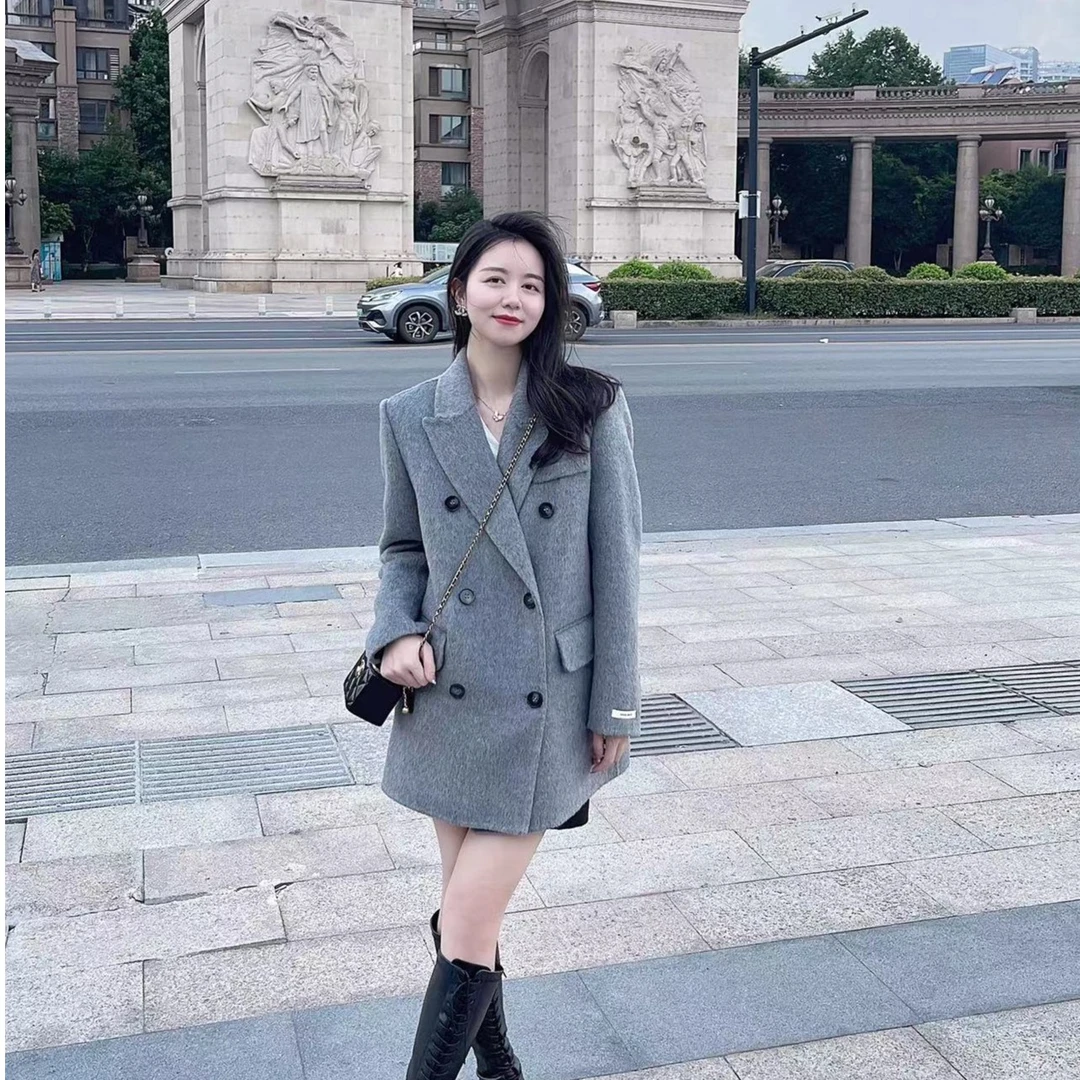 秋冬【罗马假日】韩版中长款西装双排扣垫肩羊毛双面呢大衣外套女