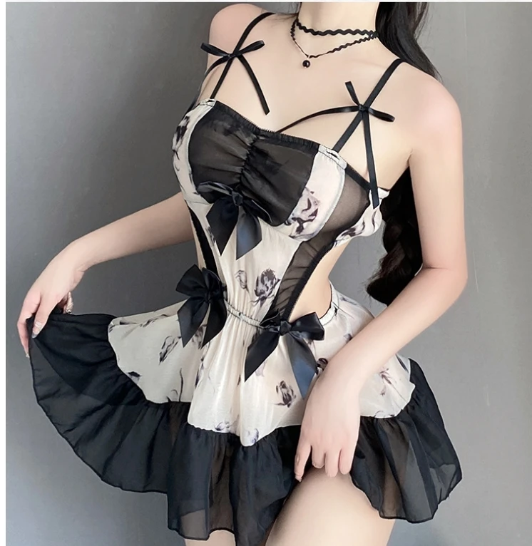 性感水墨印花抹胸睡裙性感纯欲显瘦蕾丝二次元纯欲风连体睡裙