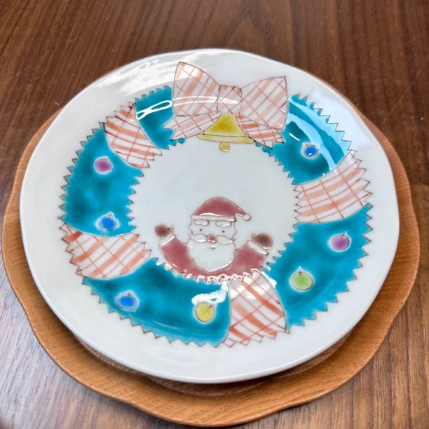 九谷烧色绘游圣诞花环小盘14cm