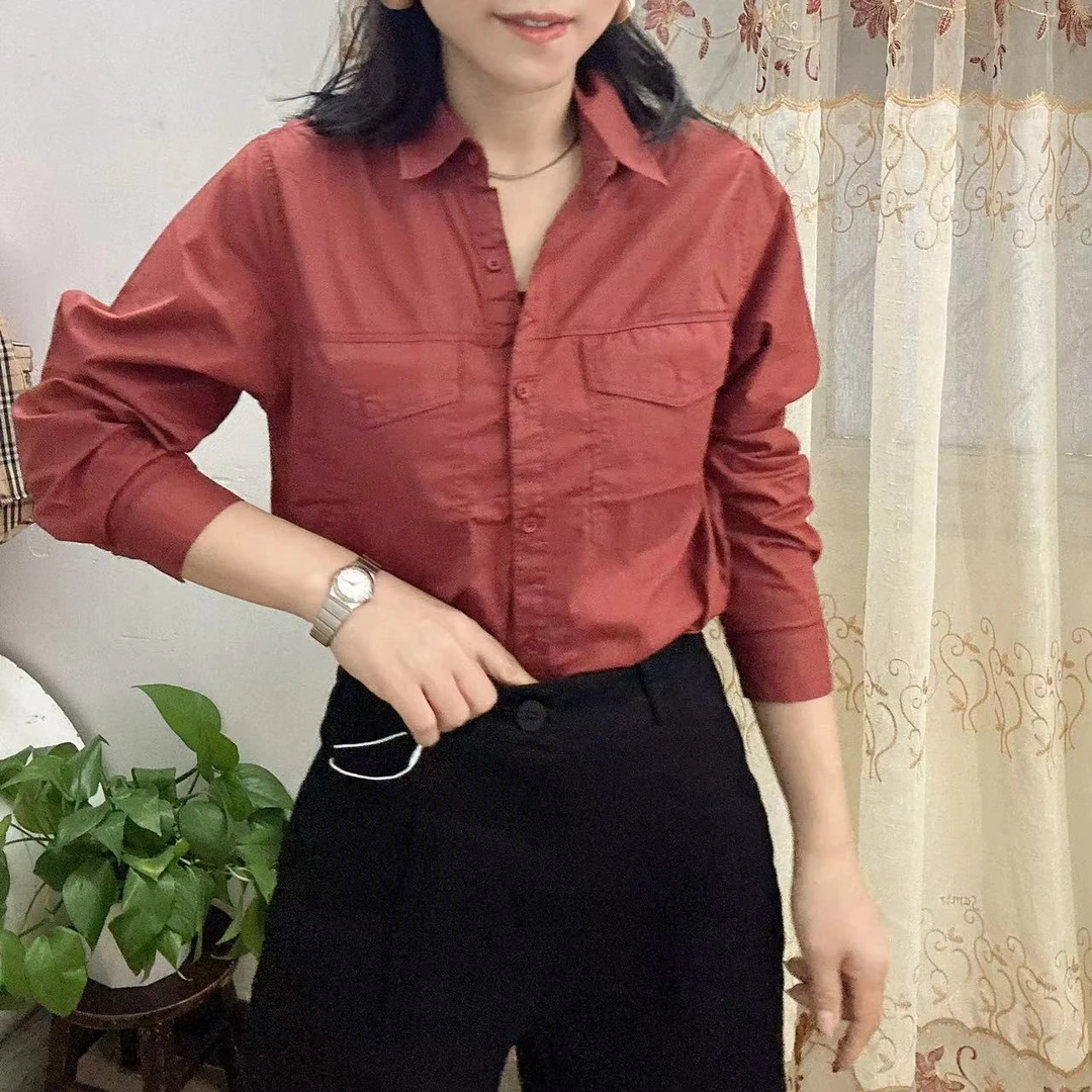H028双口袋纯色棉衬衫女2024秋新款气质时尚减龄百搭休闲长袖衬衣