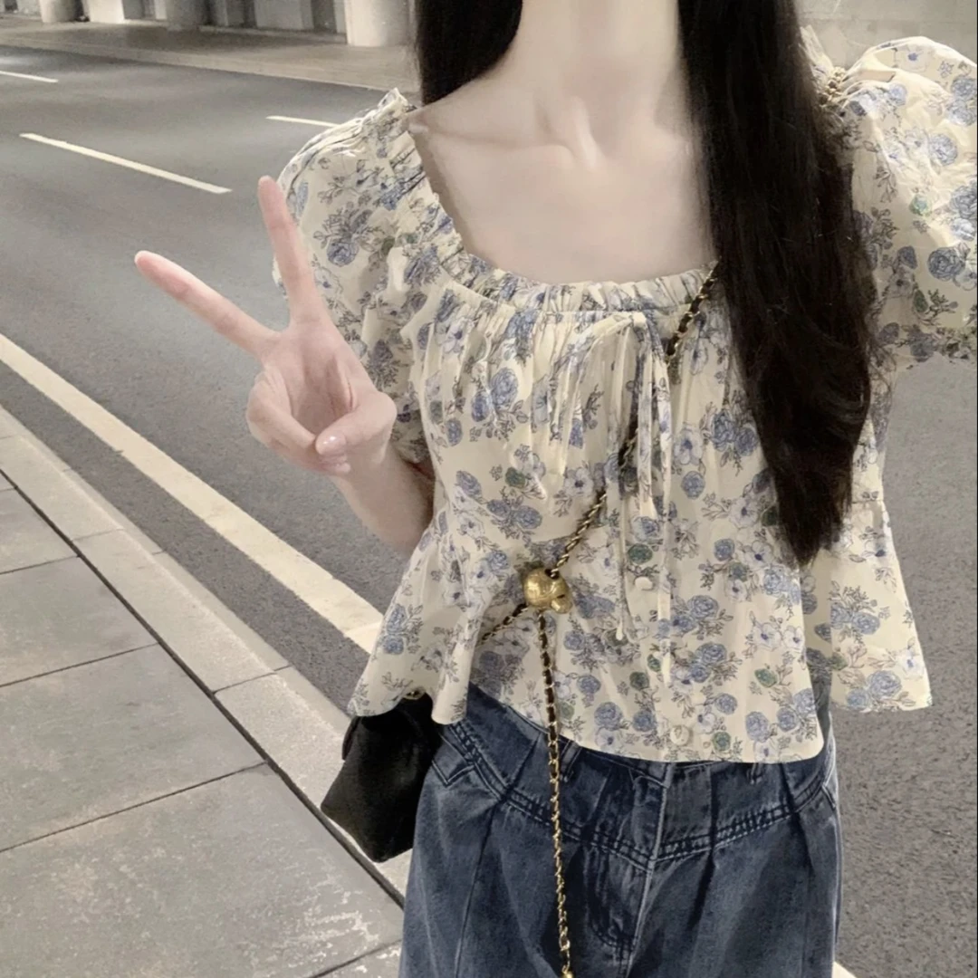 《知否知否》夏季新款设计感小众衬衣休闲宽松碎花泡泡袖上衣35728