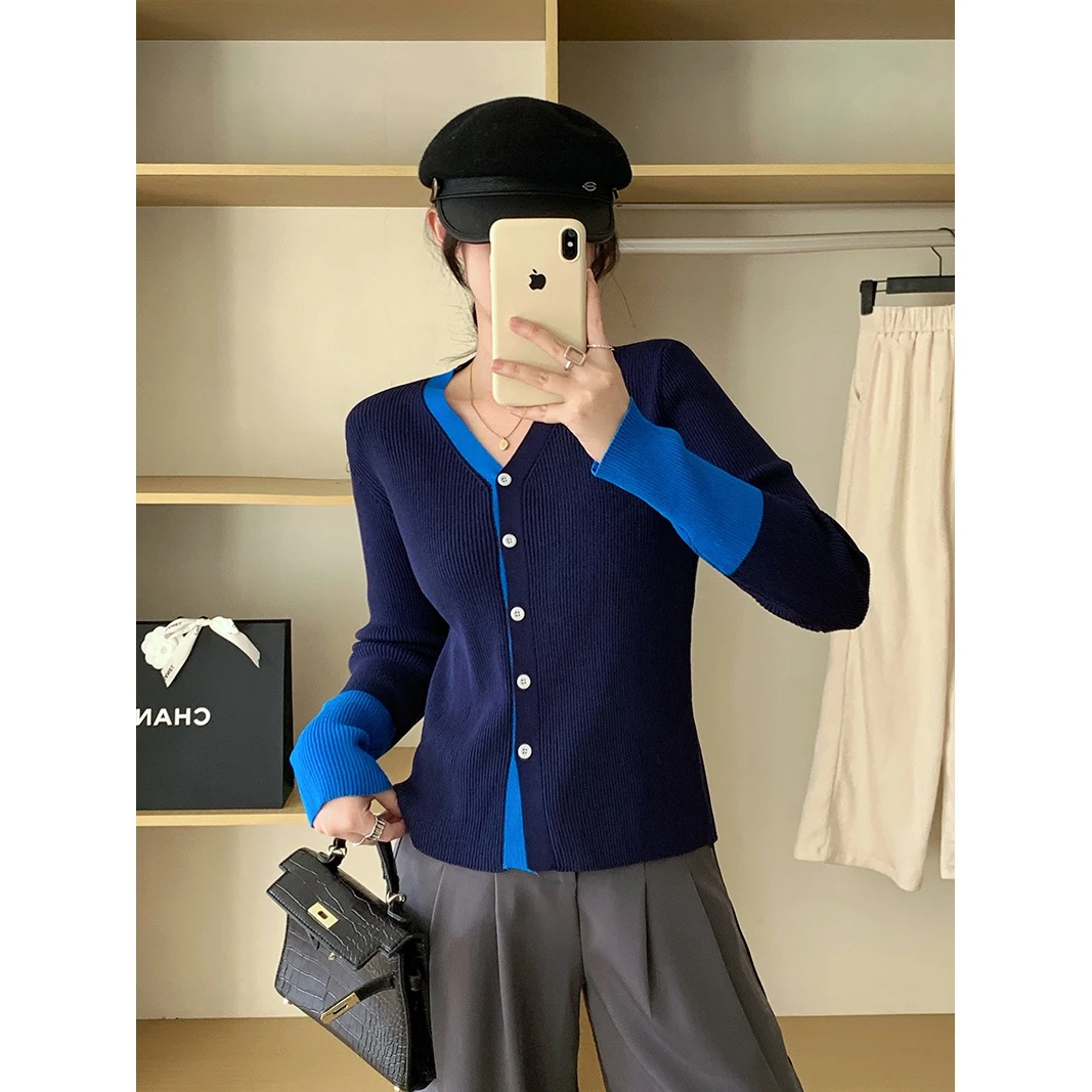 小洁大码女装拼色长袖针织开衫秋冬微胖显瘦减龄V领针织衫上衣