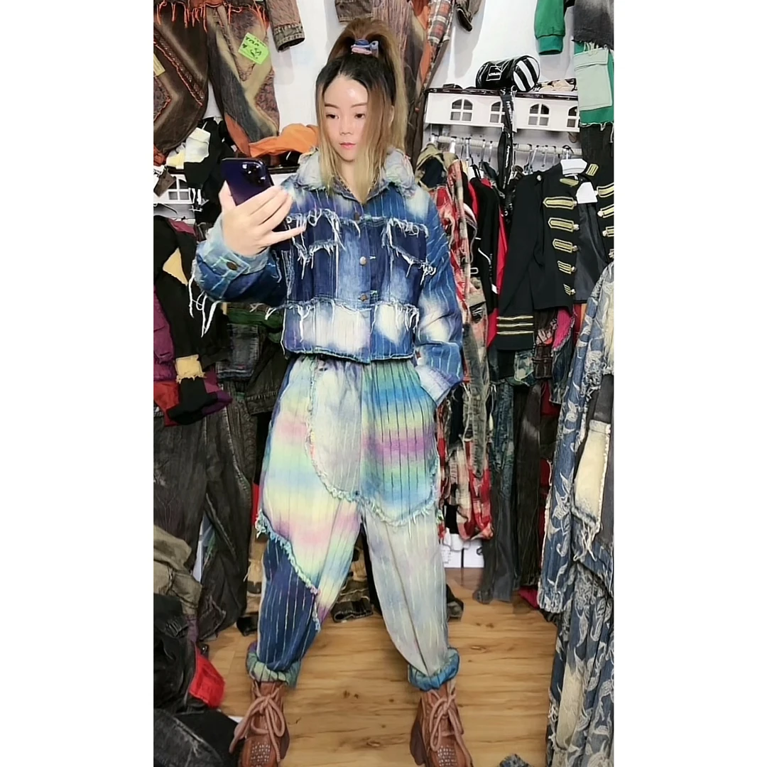 金港湾做旧拼色牛仔时尚套装2024秋款宽松长袖外套哈伦裤两件套潮