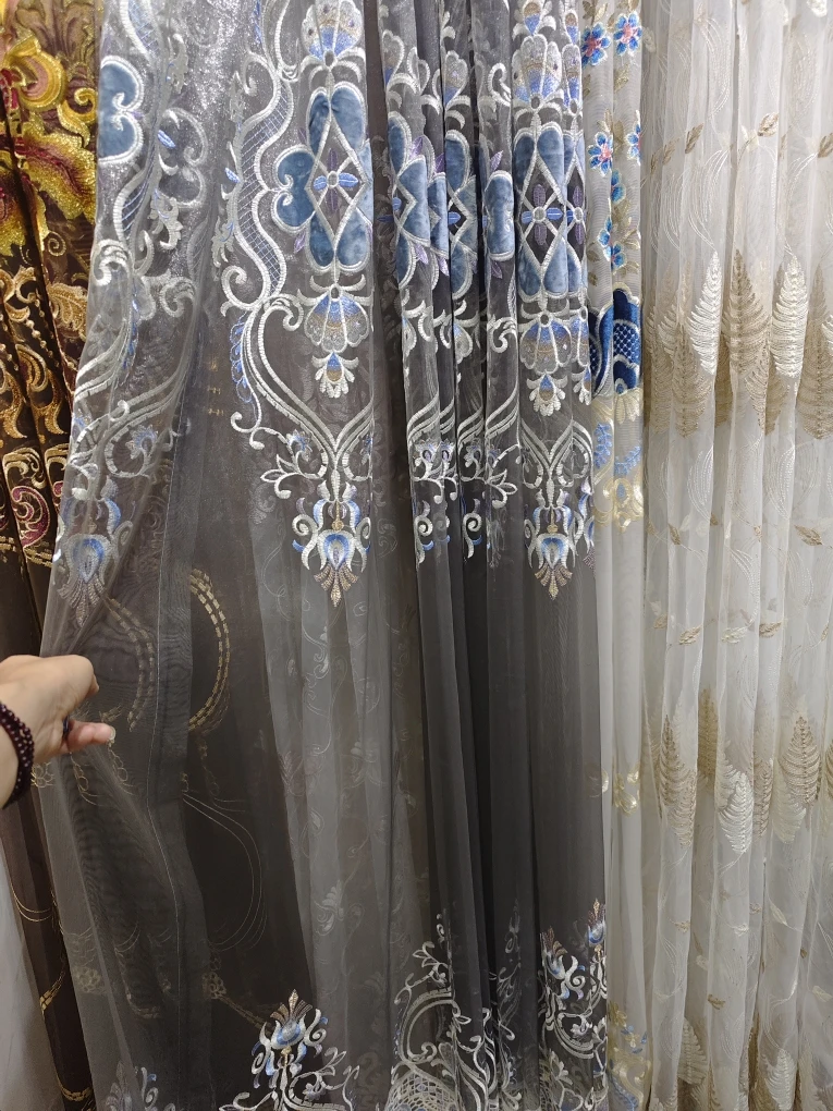 中式风格蓝灰渐变贴绒精品绣花纱成品包邮半遮光
