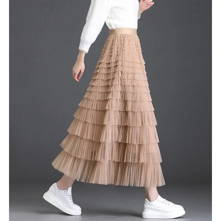 层层网纱拼接蛋糕长裙半身裙女2024春秋新款仙女a字百褶大摆长裙