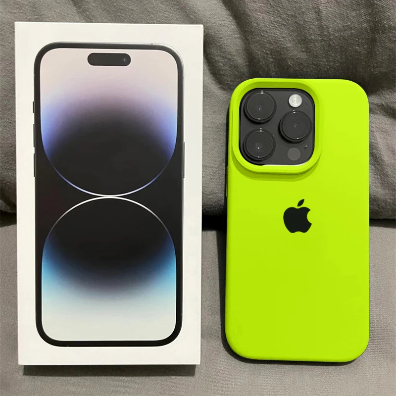 荧光绿大孔苹果14ProMax防摔手机壳液态硅胶iPhone15新款13简约Xr