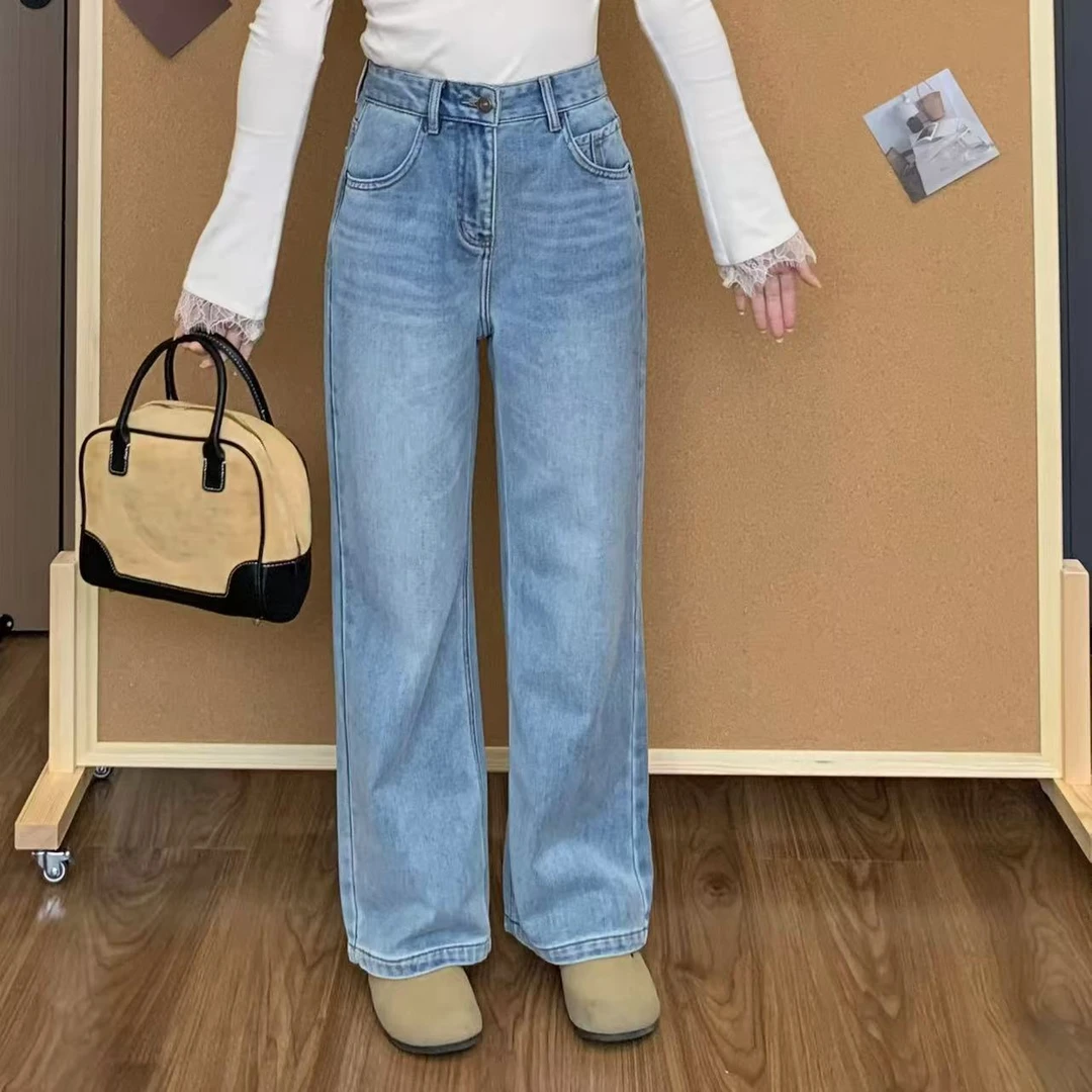 【折扣】小羽酱小个子定制秋冬百搭显瘦无弹植绒阔腿宽松遮肉牛仔裤