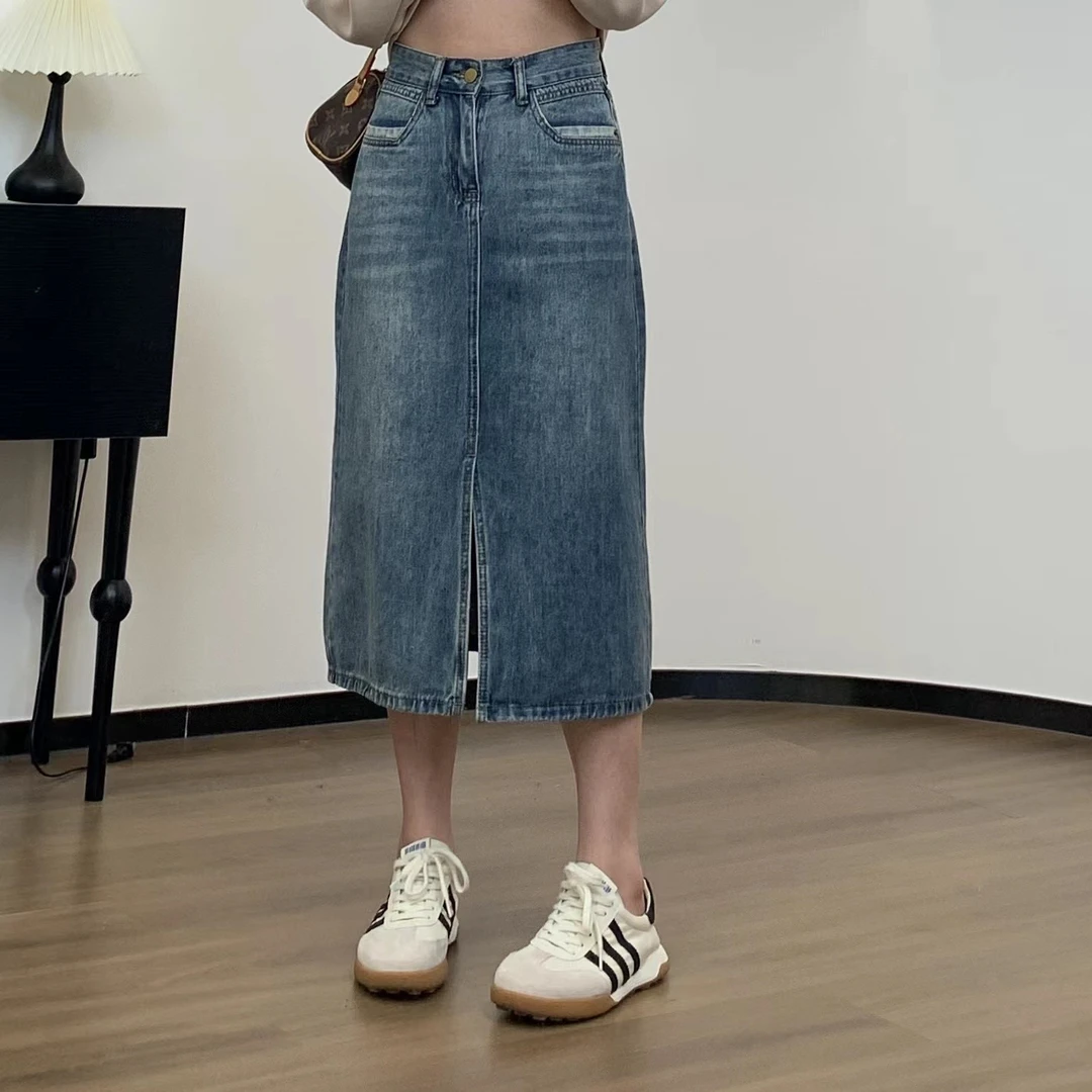 小羽酱小个子定制春夏韩版高腰开叉中长A字遮胯牛仔裙显瘦半身裙