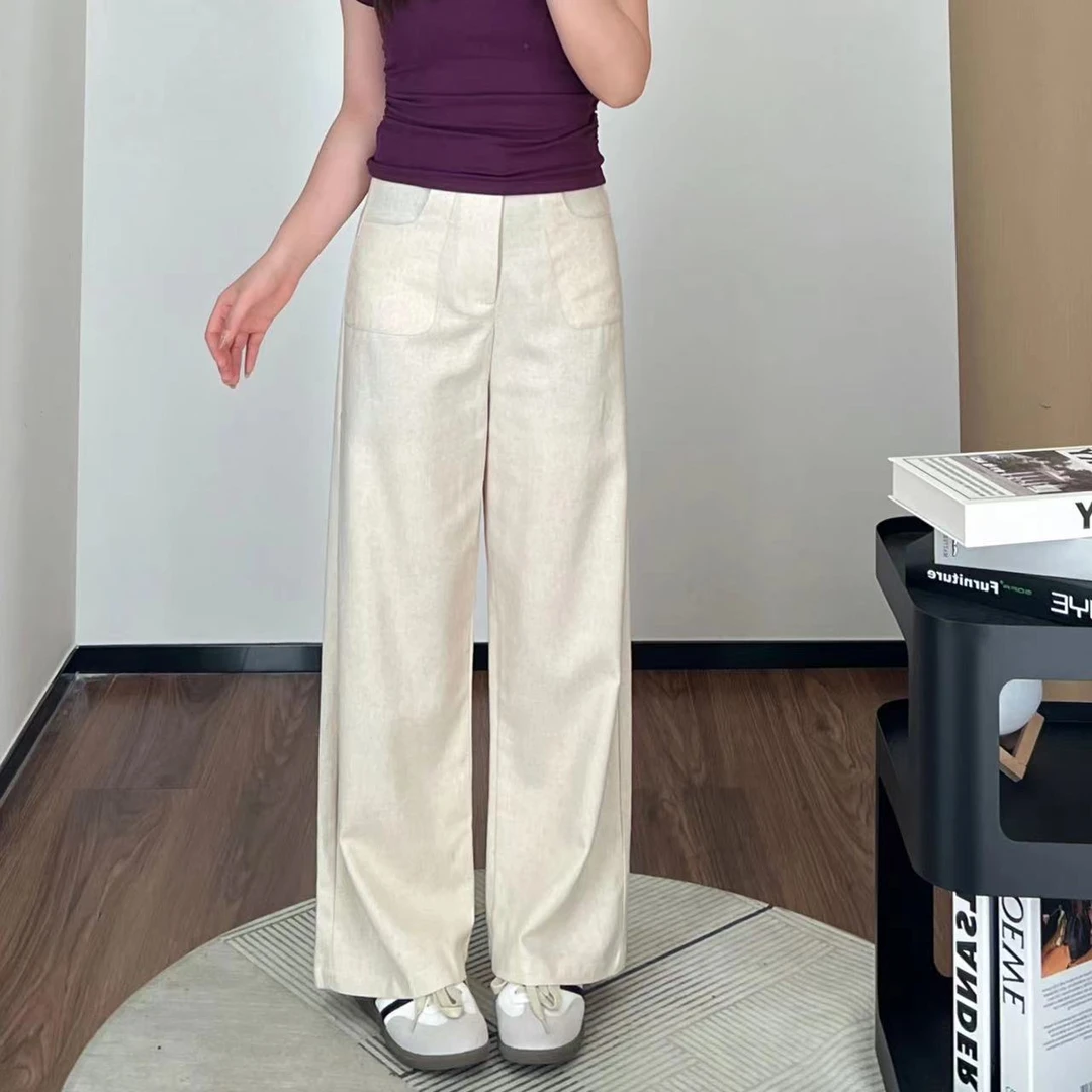 【折扣】小羽酱小个子定制气质休闲百搭显瘦无弹麻料高腰阔腿直筒裤