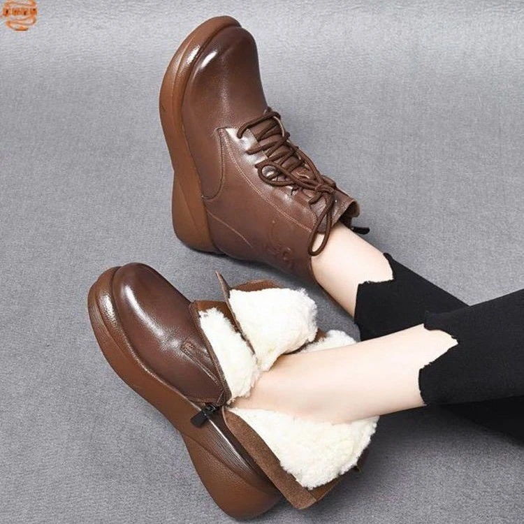 2024冬季新款马丁靴厚底增高牛皮圆头短靴百搭加绒雪地靴防滑保暖