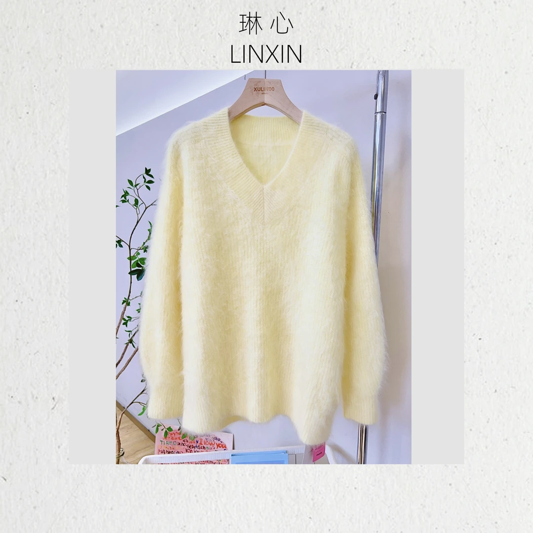 丨早秋新款慵懒风宽松V领针织衫上衣  8330