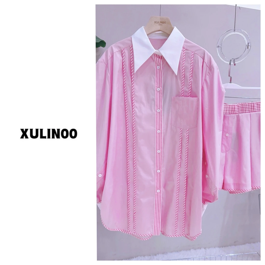 丨春夏时尚条纹压褶设计感长袖衬衫短裤套装 5015