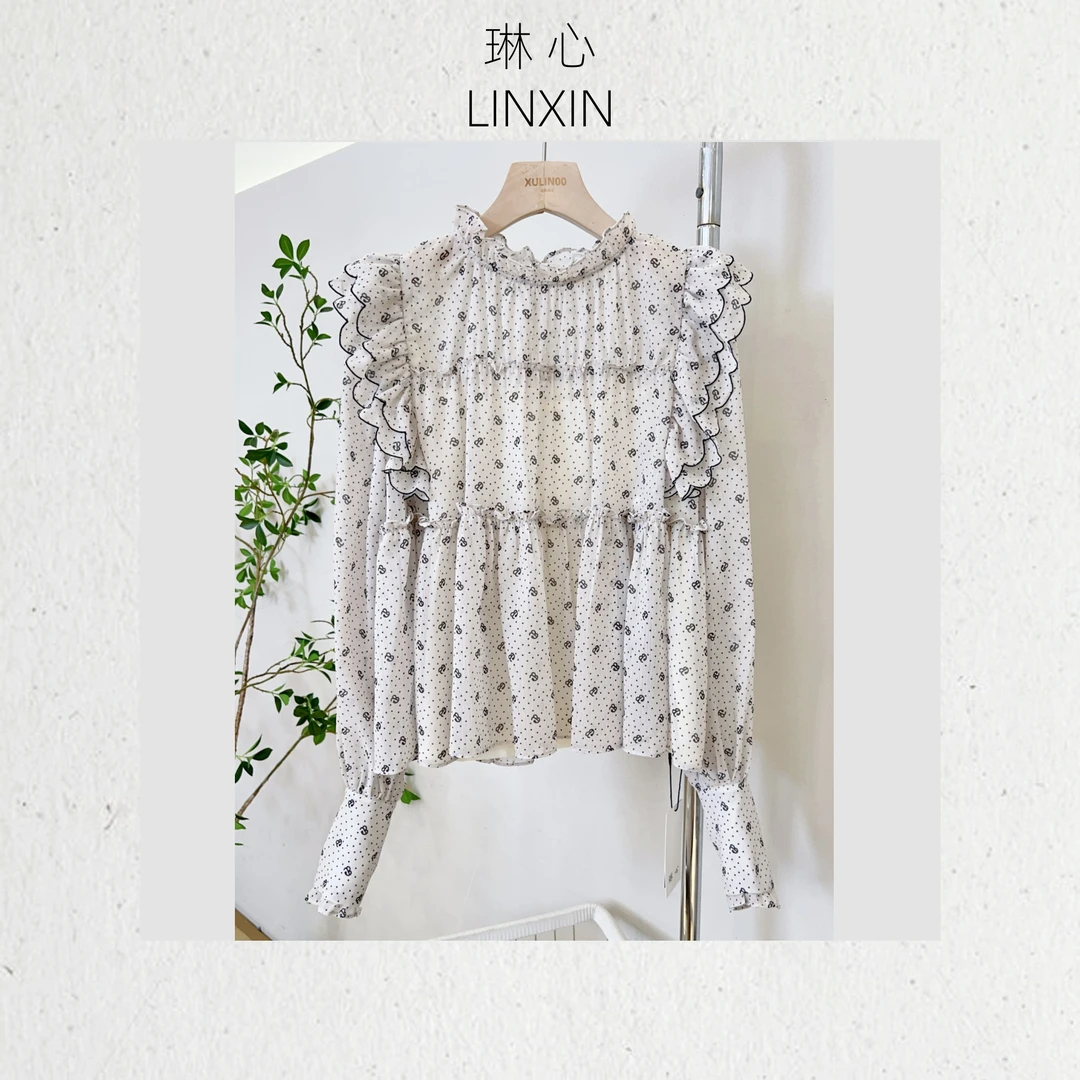 琳心丨秋季清新休闲蝴蝶结满印上衣 7383