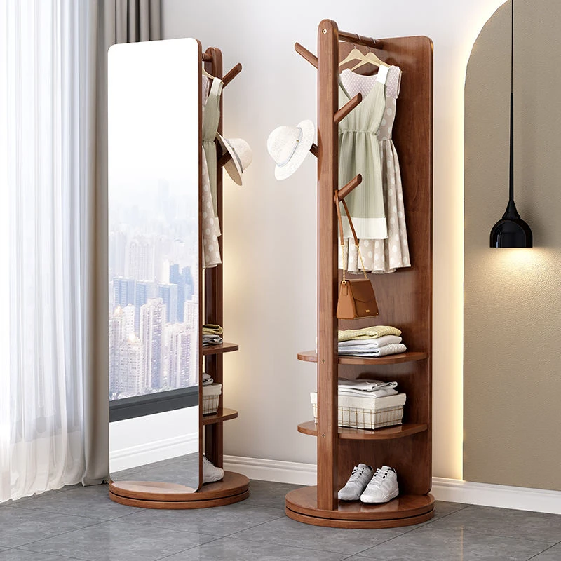 加大实木全身镜落地镜家用卧室可旋转试衣镜挂衣架一体收纳穿衣镜