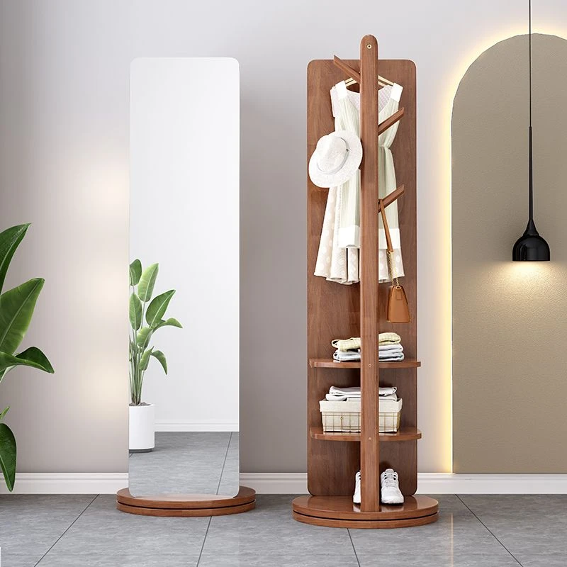 实木全身镜落地家用穿衣镜卧室可旋转移动试衣镜带挂衣架一体镜子