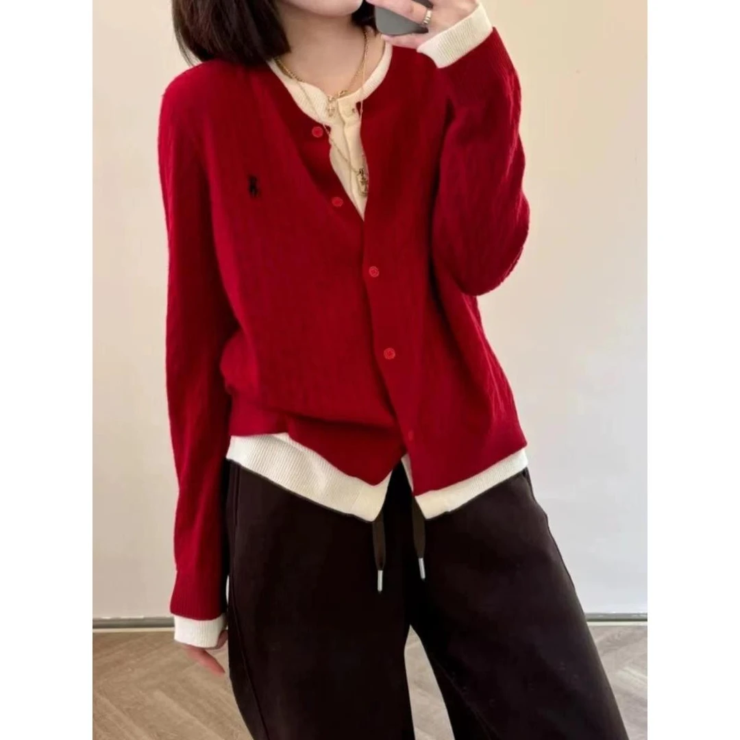 2024秋新款新年红色拼色假两件拼色针织开衫麻花毛衣外套