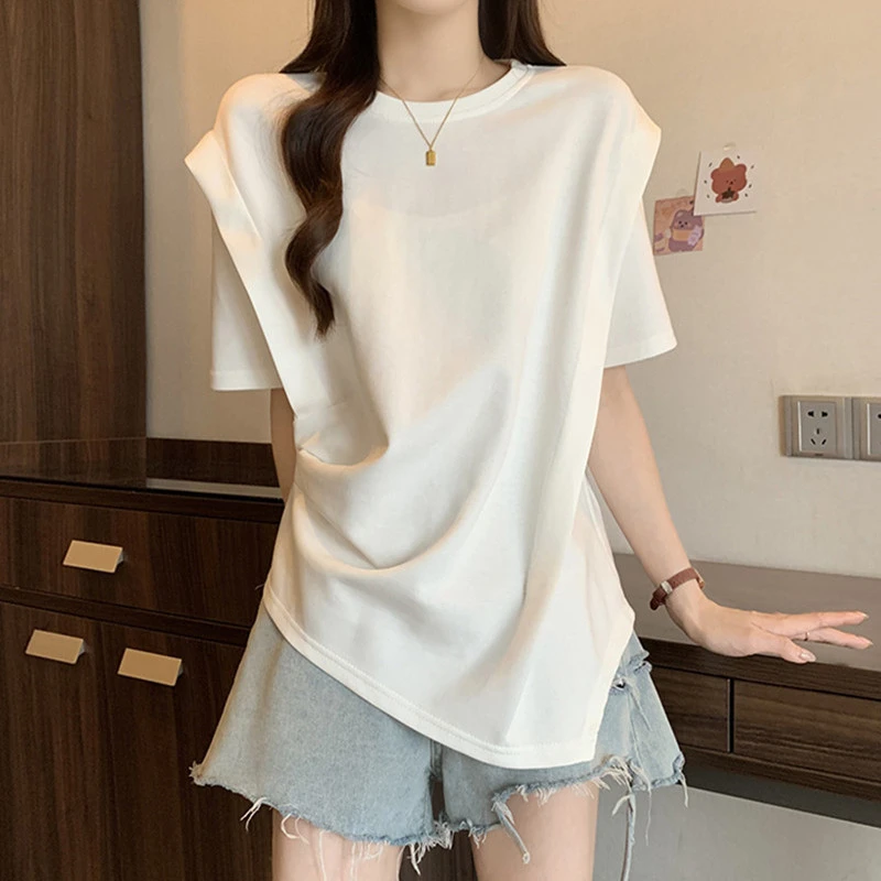 大码女装设计感短袖正肩t恤女胖妹妹时尚宽松显瘦不规则上衣女