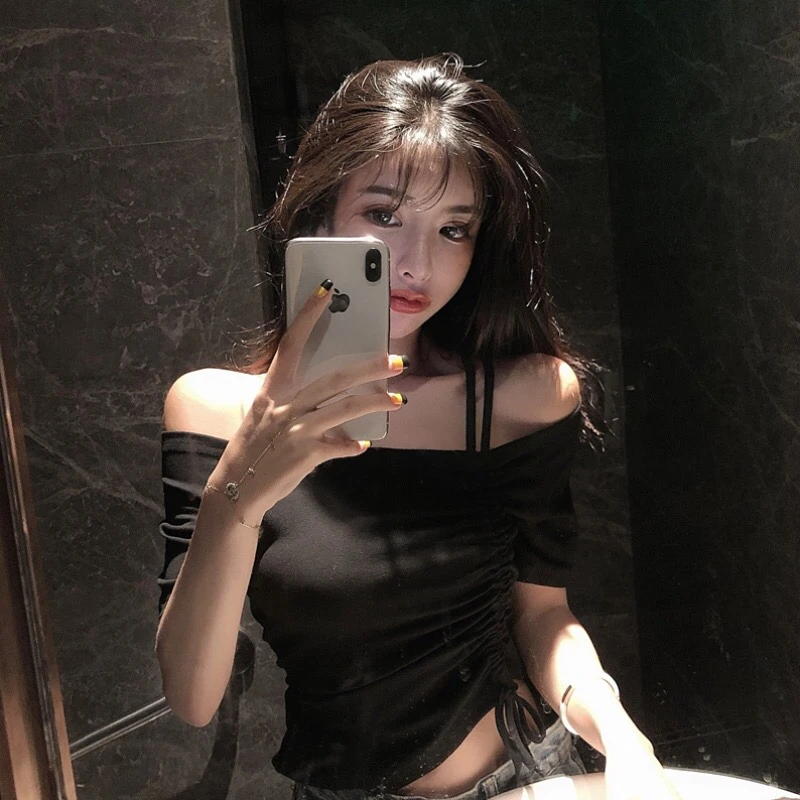 一字肩上衣女夏季新款纯欲辣妹修身短款短袖小众设计感抽绳t恤