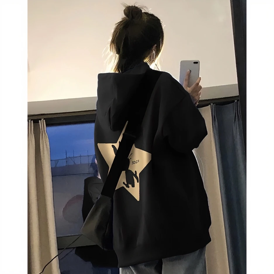 港风黑色连帽oversize外套卫衣女春秋薄款2023新款早春韩系上衣女